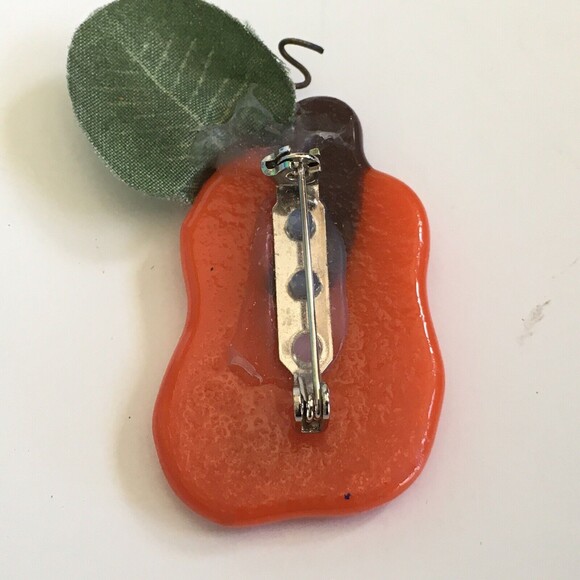 Art Glass Or Resin Pumpkin Jack O Lantern Brooch Pin Halloween Fall - Picture 4 of 4